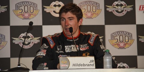 J.R. Hildebrand speaking after the race.