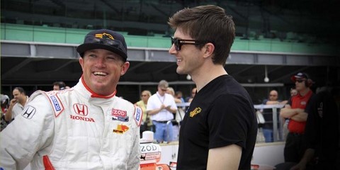 J.R. Hildebrand with teammate and past winner Buddy Rice at the Indianapolis Motor Speedway.